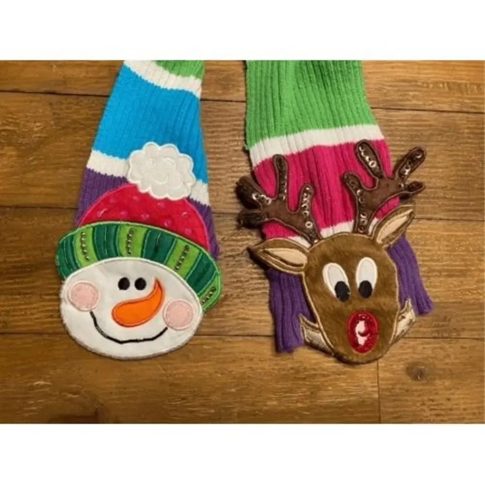 Snowman Reindeer knitted kids winter snow scarf multicolor